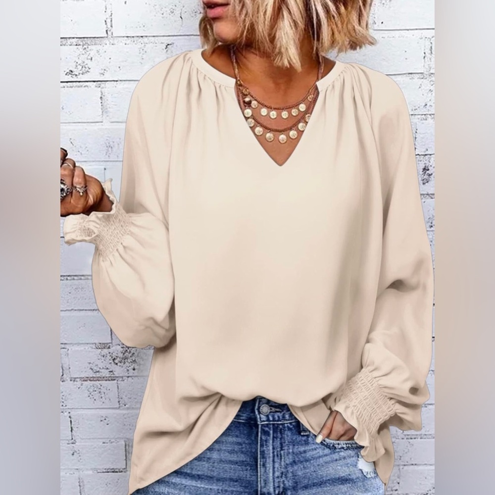 NWT Blouses Fashion Smocked Long Sleeve V Neck Casual Chiffon Shirt